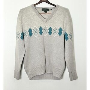 Vintage 100% Wool Sweater Men's Large‎ Gray Argyle Light Academia Professional